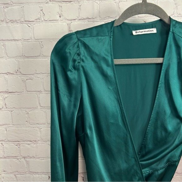 Reformation Starlight Wrap-Over puffed sleeve silk mini dress emerald size XS - Picture 4 of 13